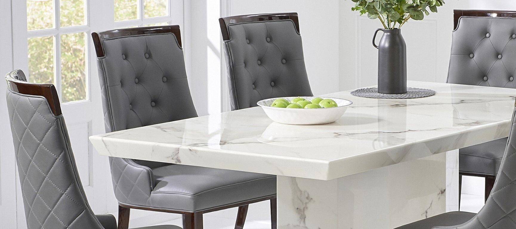 Carvelle 200cm White Pedestal Marble Dining Table with Francesca Chairs