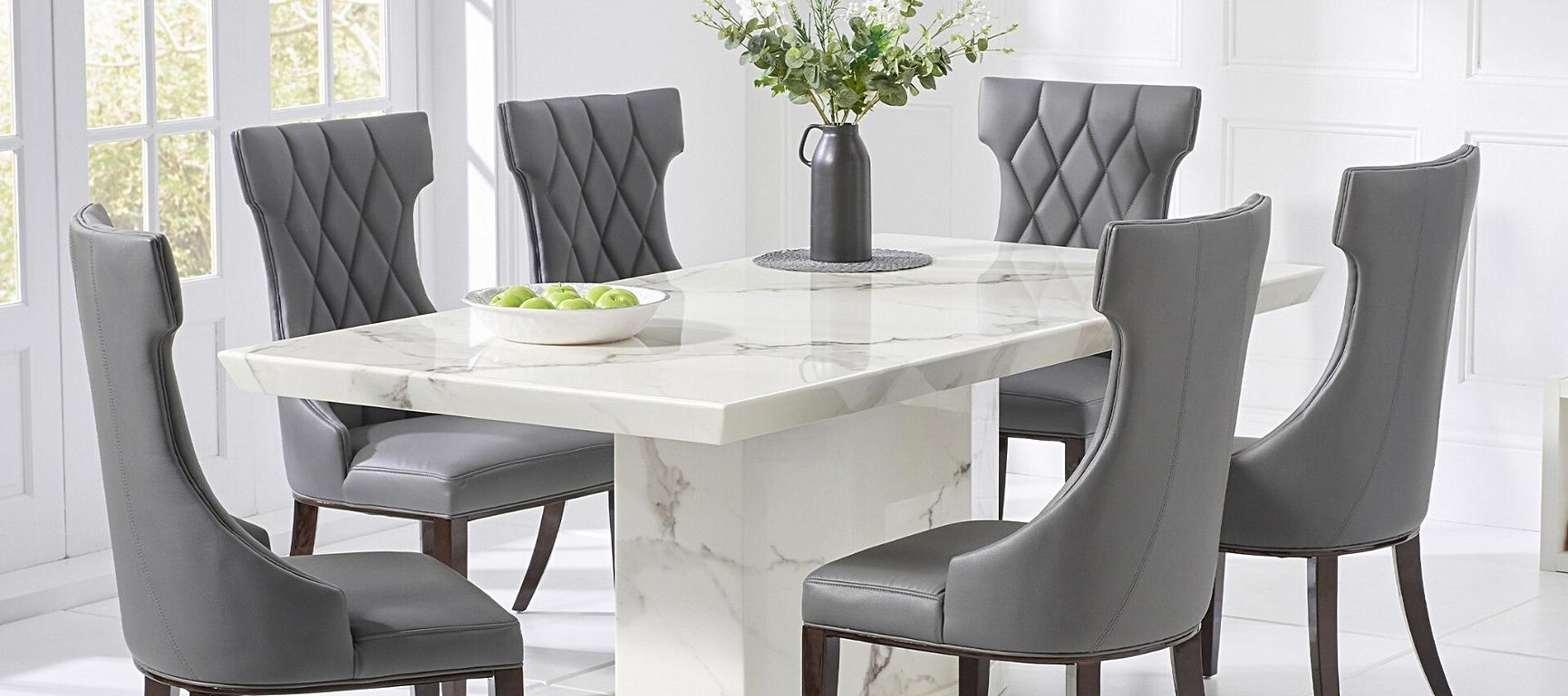 Carvelle 200cm White Pedestal Marble Dining Table with Freya Chairs