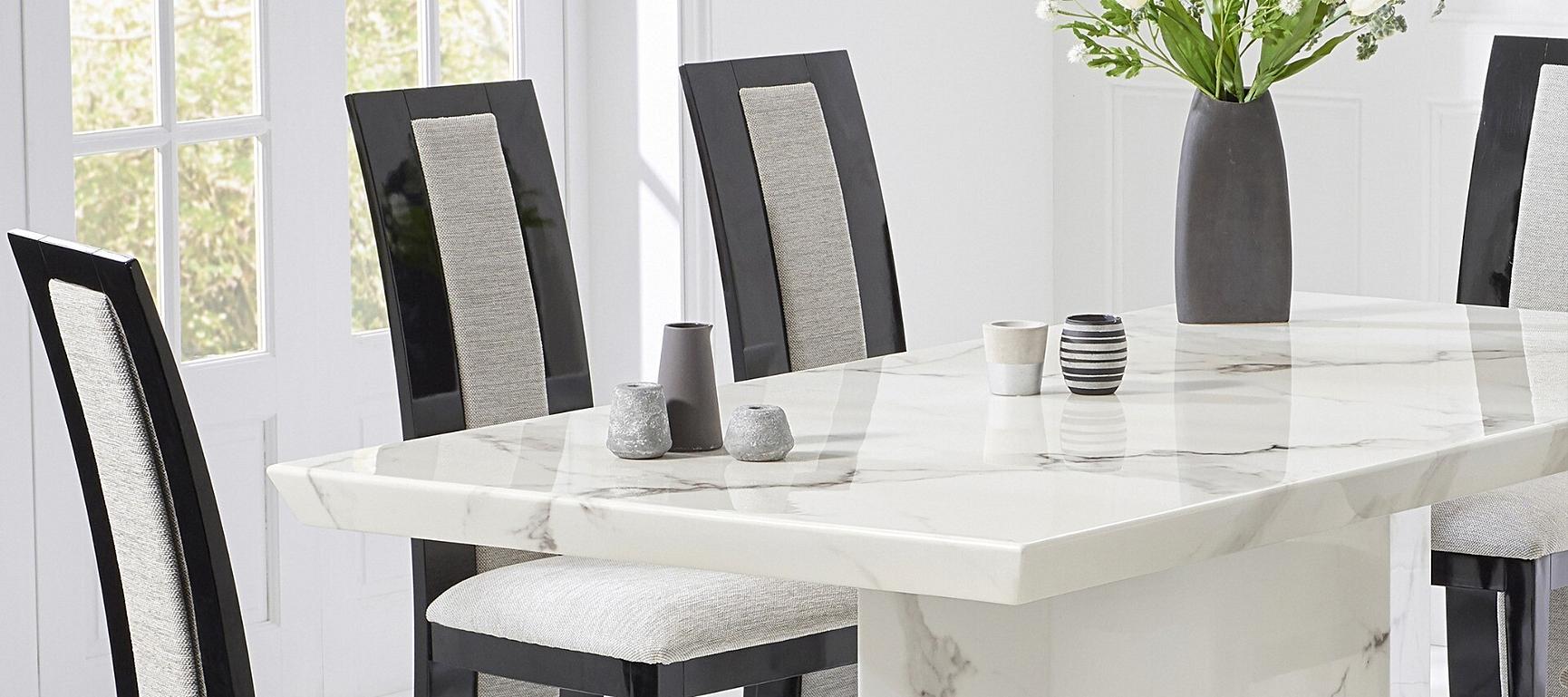 Carvelle 160cm White Pedestal Marble Dining Table with Novara Chairs