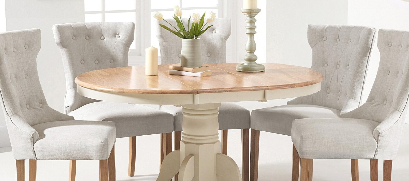 Extending Epsom Cream Painted Pedestal Dining Table with Clara Fabric