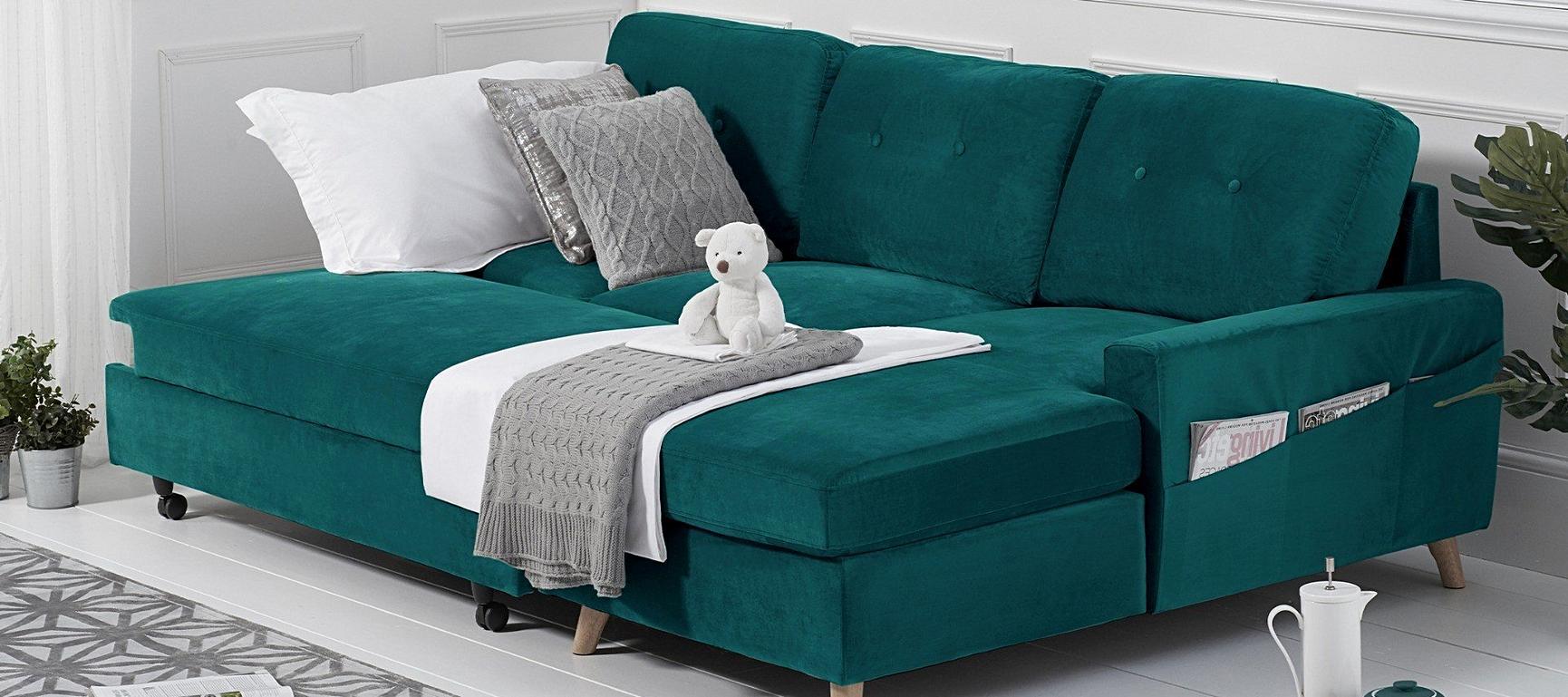 Constance Double Sofa Bed Right Facing Chaise in Green Velvet Sofas