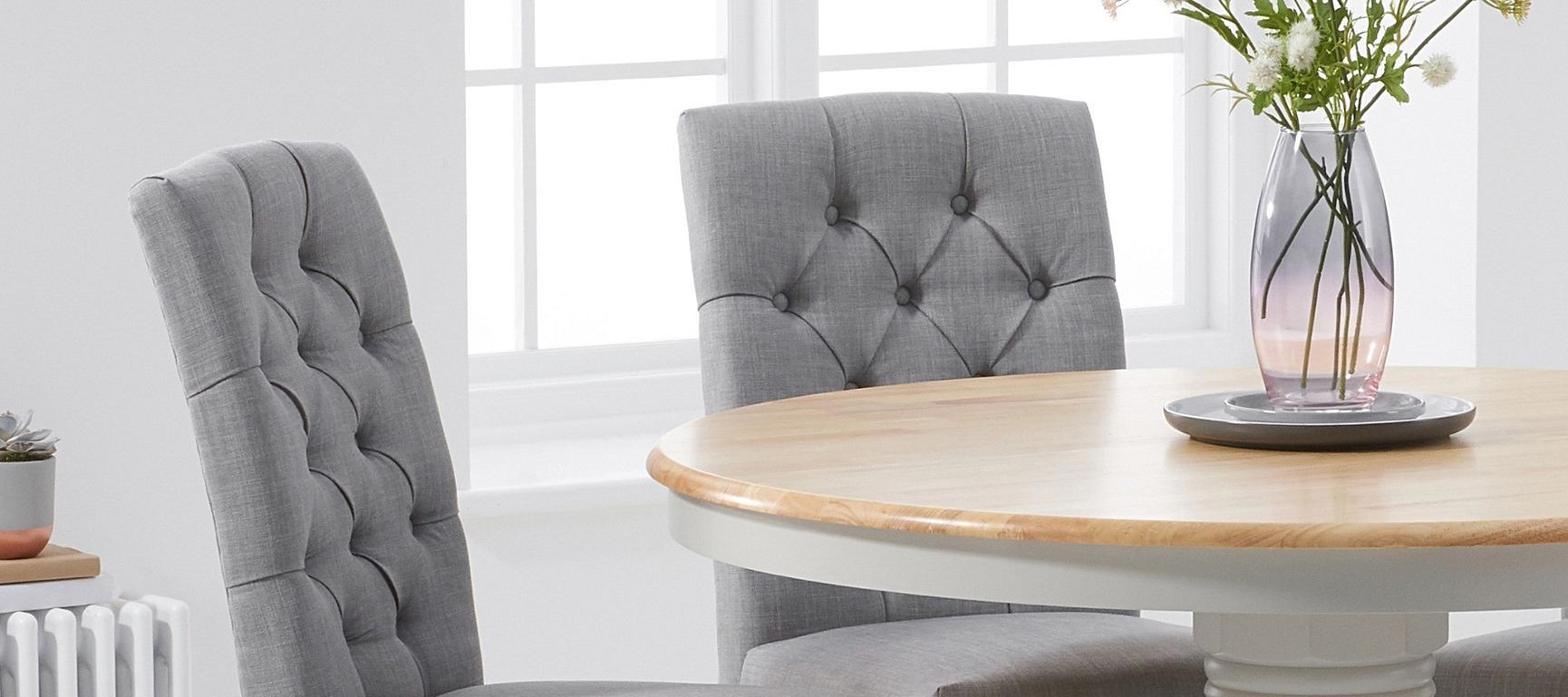 Extending Epsom Oak and Grey Painted Pedestal Dining Table with Isabella Grey Fabric Dining