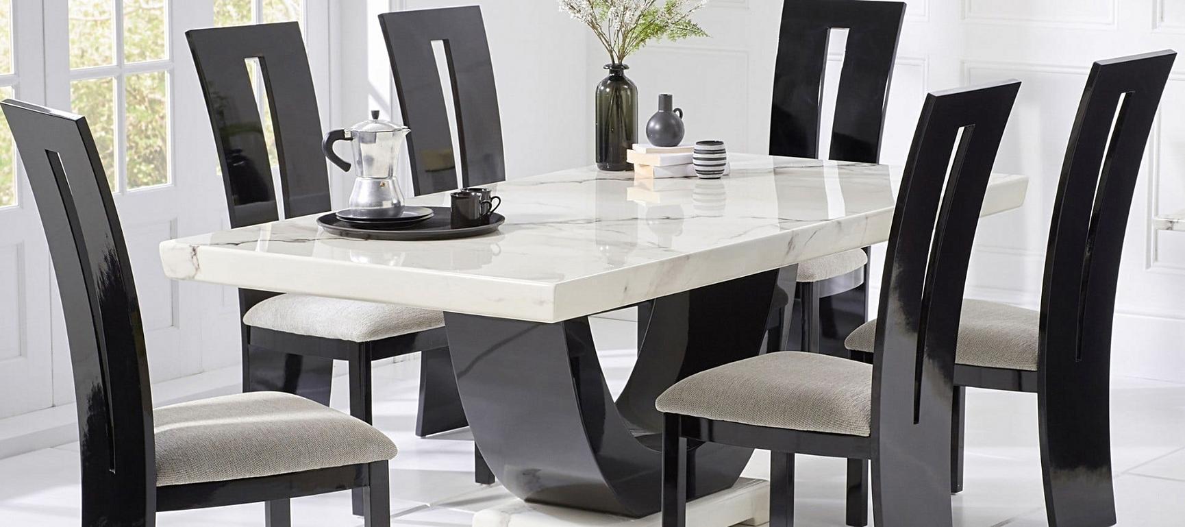 Novara 170cm White and Black Pedestal Marble Dining Table | Oak Furniture Superstore