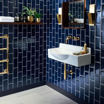 white and navy bathroom tiles