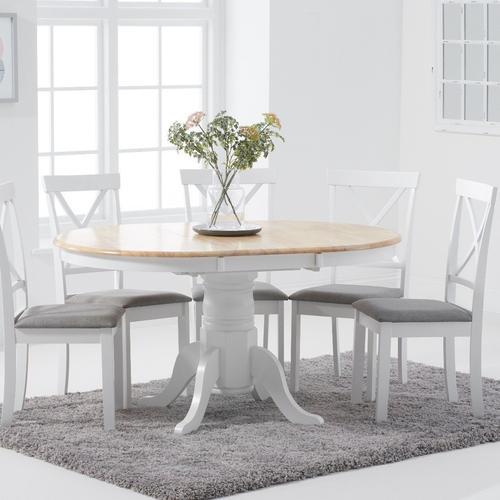 Epsom Oak And White Round Pedestal Extending Table With Chairs Grey Fabric Seats White Round Pedestal Extending Table, Round Extendable Dining Table Set Grey