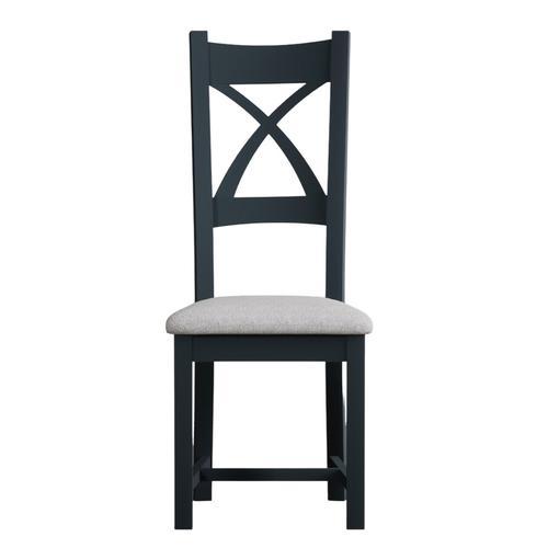 Painted Dark Blue X Back Dining Chairs with Light Grey Fabric Seat Pad