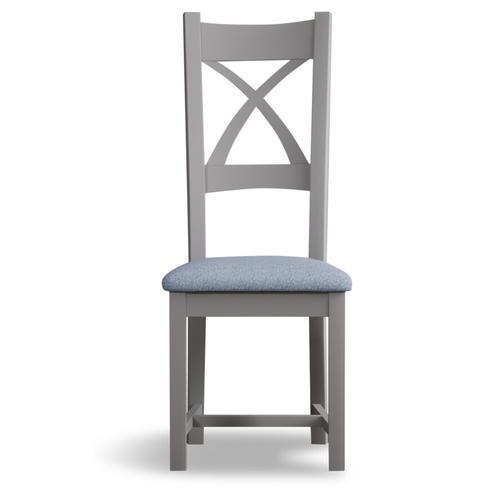 Painted Light Grey X Back Dining Chairs with Sky Blue Fabric Seat Pad