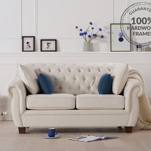 Eva Chesterfield Ivory Linen Fabric Two Seater Sofa