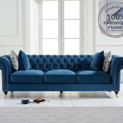 Kensington Chesterfield Blue Velvet 3 Seater Sofa | Oak Furniture ...