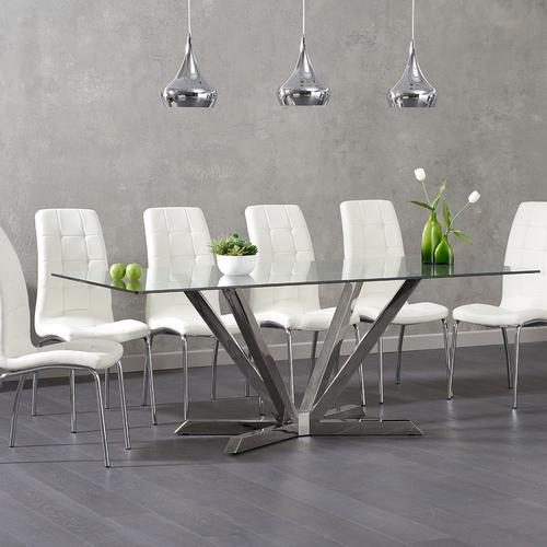 The Reno 200cm Glass Dining Table With Calgary Chairs Has A Steel The Reno 200cm Glass Dining Table With Calgary Chairs Has A Steel Pedestal Base Supporting Thick Tempered Top This Large
