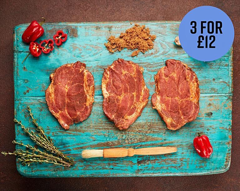 Jerk Pork Shoulder Steaks, Pack of 3 (340g) field&flower Meat