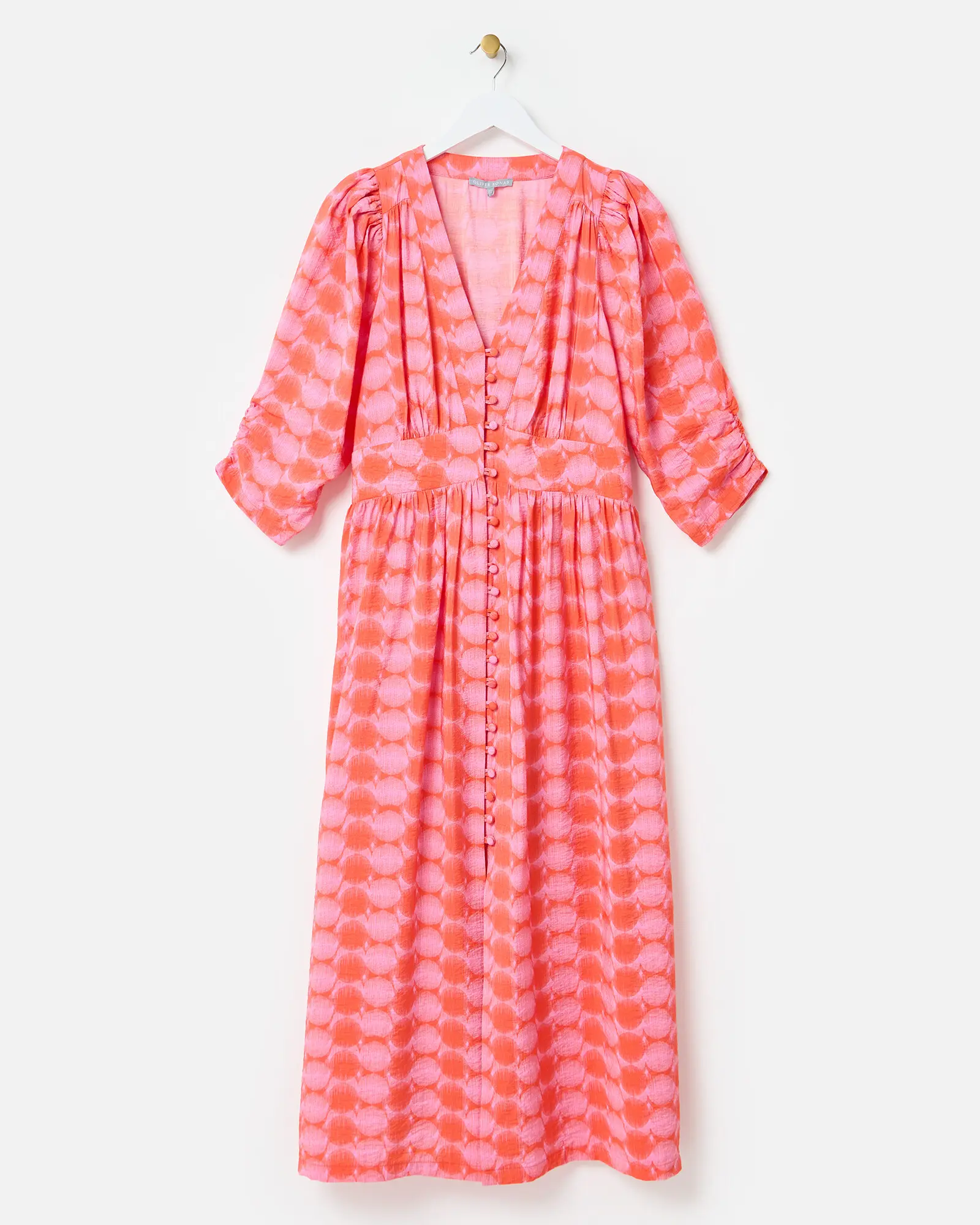 Pink & Orange Spot Print V-Neck Midi Dress