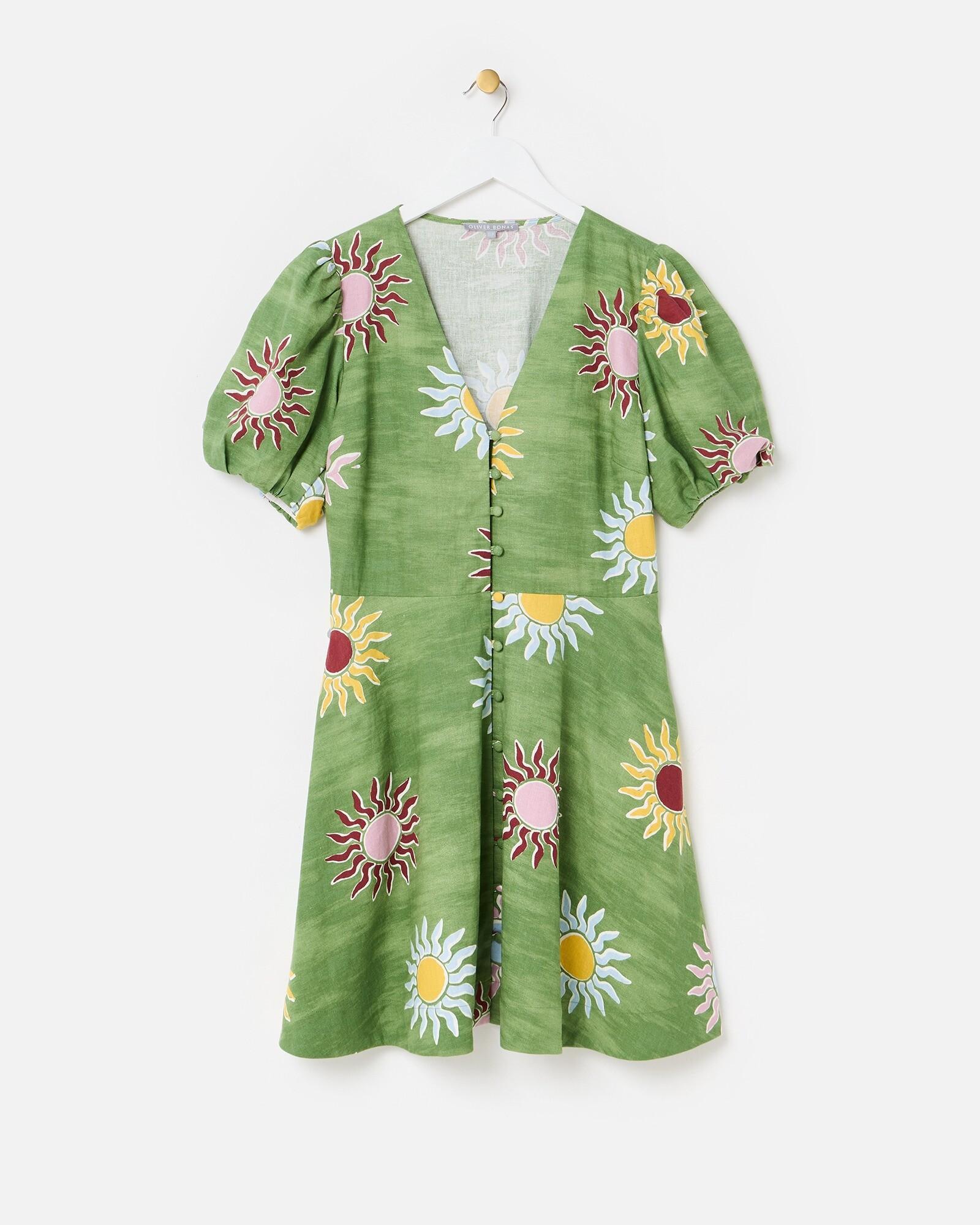 Green Sun Print Linen Blend V-Neck Mini Dress