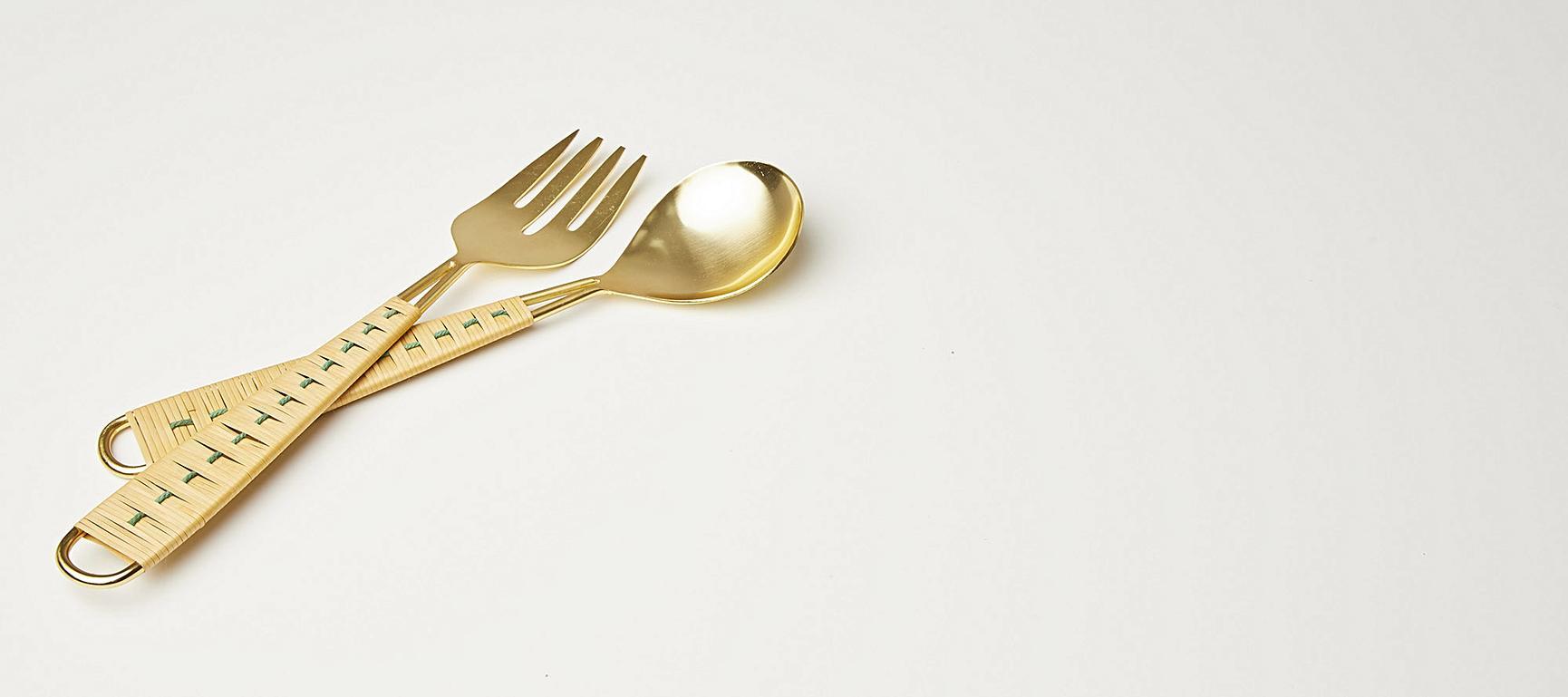 Rattan & Gold Metal Salad Servers Oliver Bonas