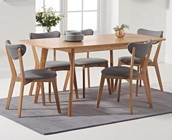 Sacha Oak 120cm Extending Dining Table With Sacha Grey And Oak Cushion Seat Chairs Sacha