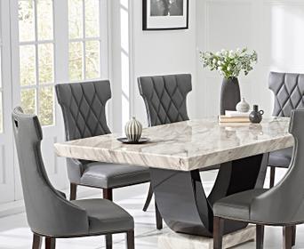 Raphael 170cm Cream And Black Pedestal Marble Dining Table With Freya Chairs