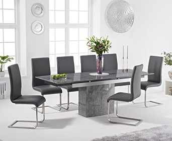 Metropolis 160cm Extending Grey Marble, White Dining Table With Grey Leather Chairs