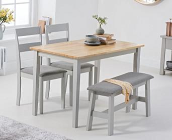 Chiltern 114cm Oak And Grey Table With Chiltern Chairs With Grey Fabric Seats And Bench