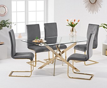Denver 160cm Gold Leg Glass Dining Table With Malaga Velvet Chairs Denver