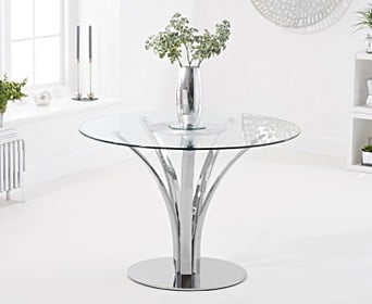 Aria 110cm Round Glass Dining Table, Round Glass Top Dining Table And Chairs
