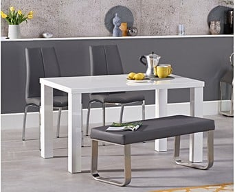 Atlanta 120cm White High Gloss Dining Table With Cavello Chairs And Atlanta Grey Bench Atlanta