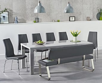 Atlanta 200cm Light Grey High Gloss Dining Table With Cavello Chairs And Malaga Large Grey Bench Atlanta
