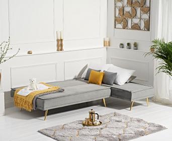 benson grey velvet 3 seater chaise corner sofa bed with gold legs