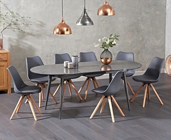 Olivia Extending Dark Grey High Gloss Dining Table With Oscar Faux Leather Round Leg Chairs