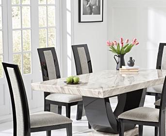 Raphael 170cm Cream And Black Pedestal Marble Dining Table With Raphael Chairs