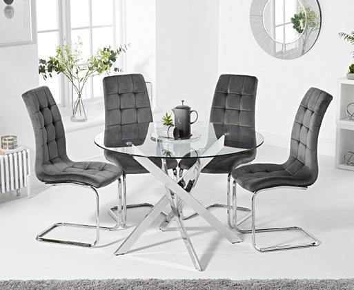 Round glass dining table with velvet chairs top