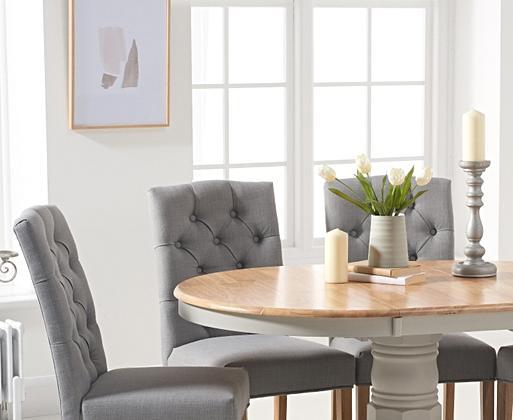 Extending Epsom Oak and Grey Painted Pedestal Dining Table with Isabella Grey Fabric Dining Chairs