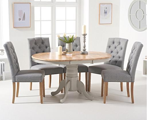 Extending Epsom Oak and Grey Painted Pedestal Dining Table with