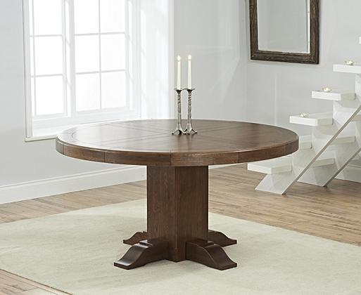 Torino 150cm Dark Solid Oak Round Pedestal Dining Table with Francois Fabric Dark Oak Leg Chairs