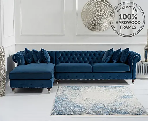 Chiswick Extra Large Blue Velvet Left Facing Chesterfield Corner Chaise Sofa