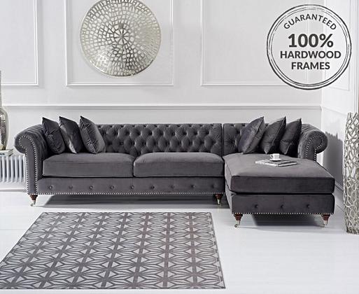Chiswick Extra Large Dark Grey Velvet Right Facing Chesterfield Corner Chaise Sofa