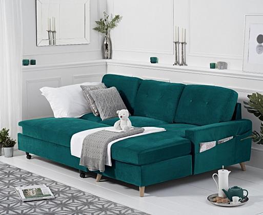 Florence Right Facing Chaise Sofa Bed in Green Velvet Oak