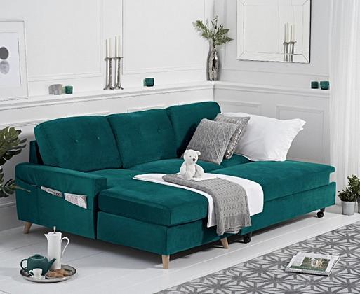 Florence Left Facing Chaise Sofa Bed in Green Velvet Oak