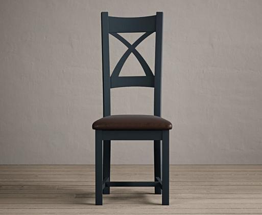 Painted Dark Blue X Back Dining Chairs with Brown Suede Seat Pad