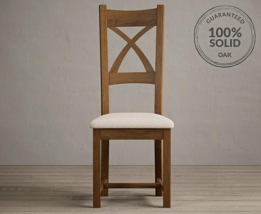 Rustic Solid Oak X Back Dining Chairs with Linen Seat Pad