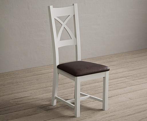 Painted Signal White X Back Dining Chairs with Brown Suede Seat Pad