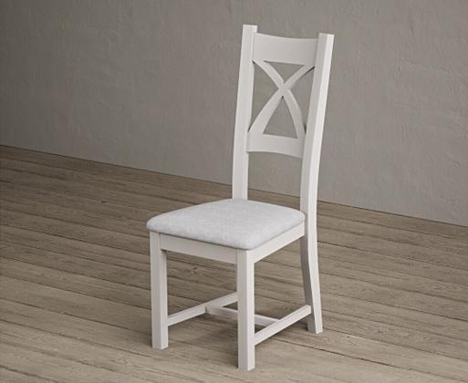 Painted Soft White X Back Dining Chairs with Light Grey Fabric Seat Pad
