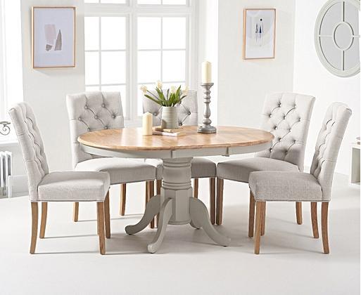 Extending Epsom Oak and Grey Painted Pedestal Dining Table with Isabella Grey Fabric Dining Chairs