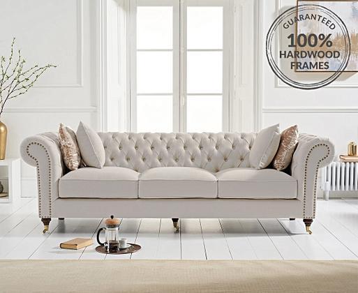 Kensington Chesterfield Ivory Linen 3 Seater Sofa Oak Furniture