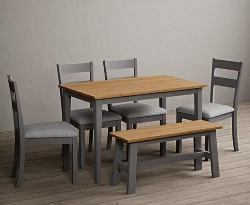 Kendal 115cm Solid Oak and Light Grey Painted Dining Table with Kendal Chairs and Benches