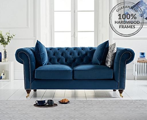 Kensington Chesterfield Blue Velvet 2 Seater Sofa Oak Furniture