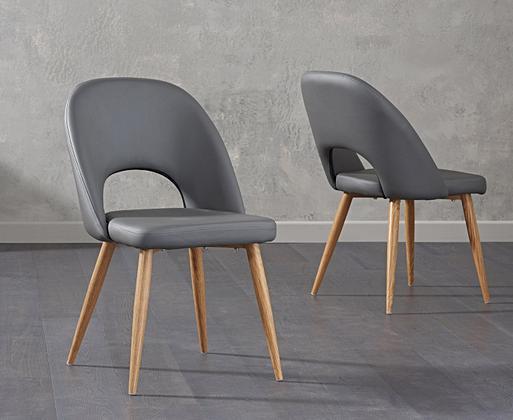 Grey leather dining chairs store with oak legs