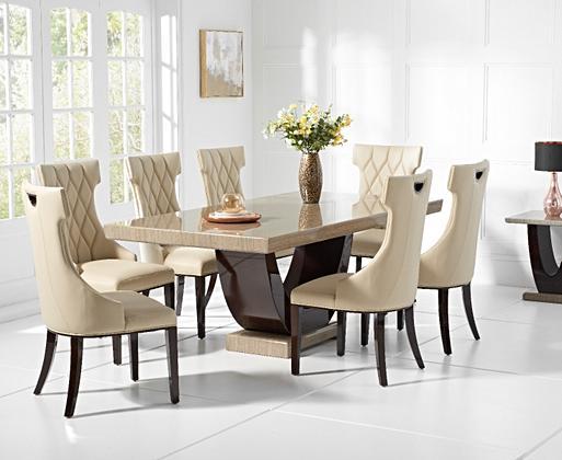 Raphael 200cm Brown Pedestal Marble Dining Table with Freya Chairs