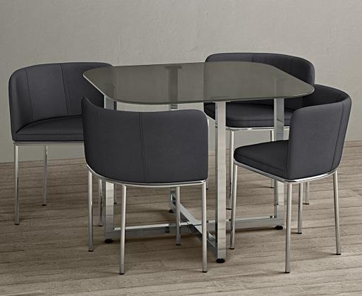 Rhodes Grey Glass Stowaway Dining Table with Grey High Back Stools