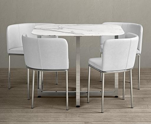 Rhodes White Marble Stowaway Dining Table with White High Back