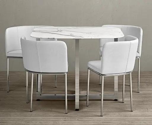 Rhodes White Marble Stowaway Dining Table with White High Back Stools